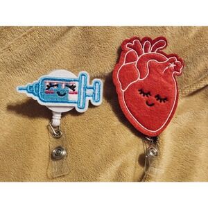 Cute Handmade Felt Heart and Shot Medical Staff Retractable Badge Reels 2 pack